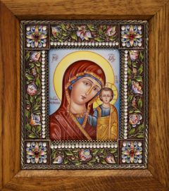 Рукописная икона из финифти Казанская 4 (Размер 16х18 см)