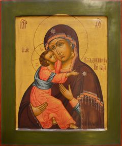 Рукописная икона Владимирская с окладом 19 века №118 (Размер 29х35 см)