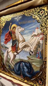 Рукописная икона Чудо Георгия о змие №71 (Размер 27х31 см)