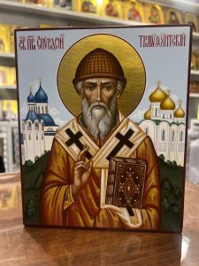 Рукописная икона Спиридон Тримифунтский №44 (Размер 17х21 см)