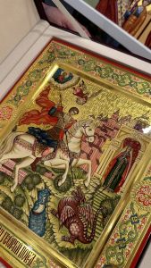 Рукописная икона Чудо Георгия о змие №75 (Размер 27х31 см)