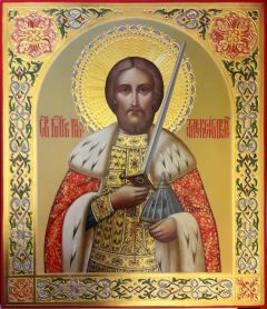 Рукописная икона Александр Невский с резьбой и красочным фоном