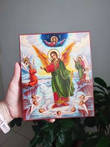 Рукописная икона Ангел Хранитель с детьми масло (Размер 17*21 см)