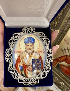 Рукописная икона из финифти Николай Чудотворец №111 (Размер 9*10.5 см)
