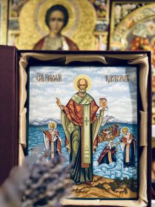 Рукописная икона Николай Чудотворец с чудесами (Размер 21х25 см)