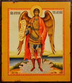 Рукописная икона Архангел Михаил с кракелюром №85 (Размер 27х31 см)