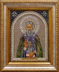 Рукописная икона Сергий Радонежский с камнями (Размер 37х46 см)