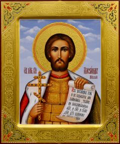 Рукописная икона Александр Невский с резьбой и красочным фоном
